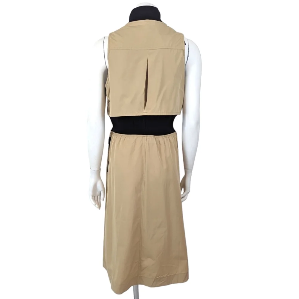 GSTQ 2 Way Zip Midi Dress NEW Womens Medium Beige Black Minimalist - Picture 7 of 14
